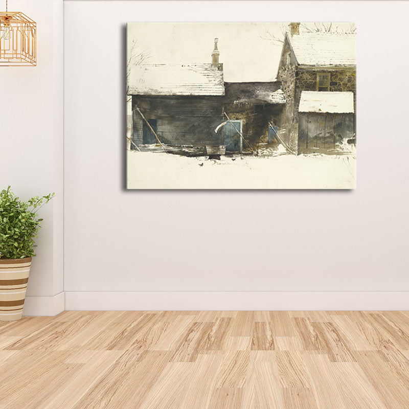 Country Snowy Houses Painting Canvas Textured Dark Color Wall Art for Bedroom