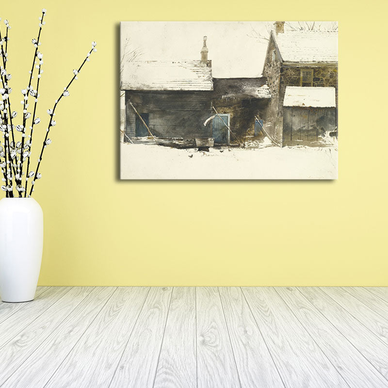 Country Snowy Houses Painting Canvas Textured Dark Color Wall Art for Bedroom