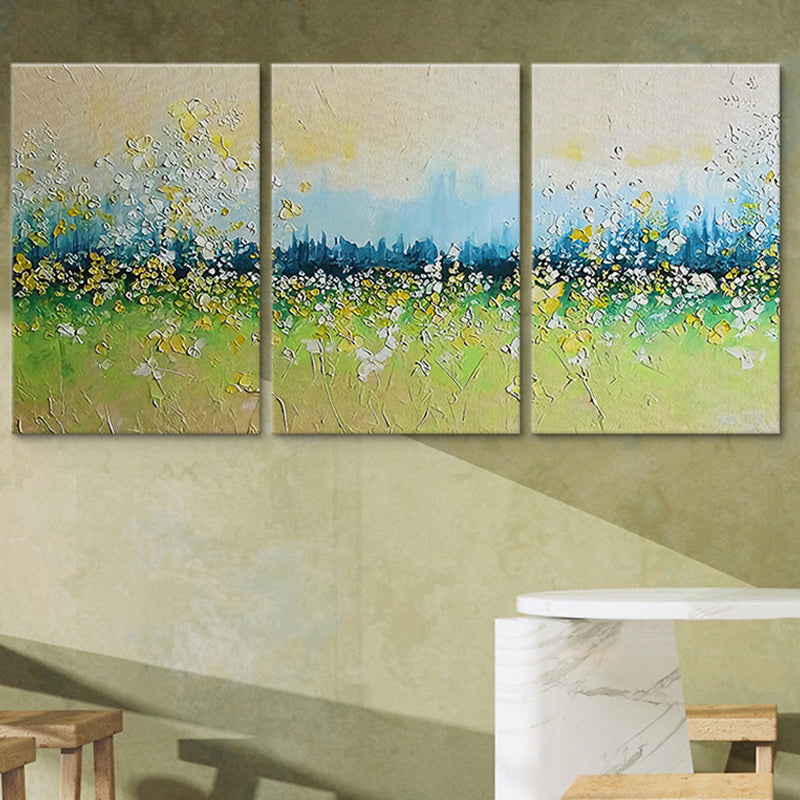 Green Flower Field Painting Multi-Piece Contemporary Living Room Canvas Wall Art