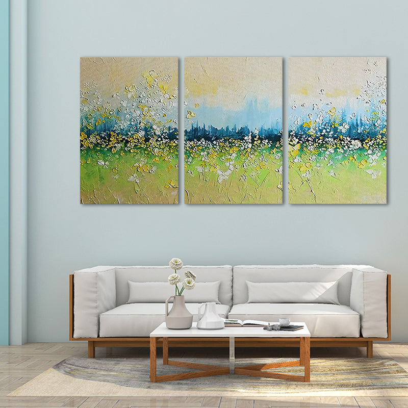 Green Flower Field Painting Multi-Piece Contemporary Living Room Canvas Wall Art