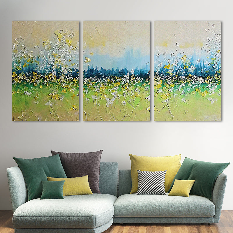 Green Flower Field Painting Multi-Piece Contemporary Living Room Canvas Wall Art