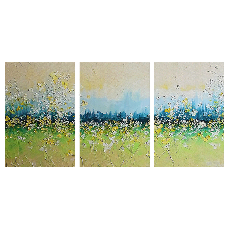 Green Flower Field Painting Multi-Piece Contemporary Living Room Canvas Wall Art