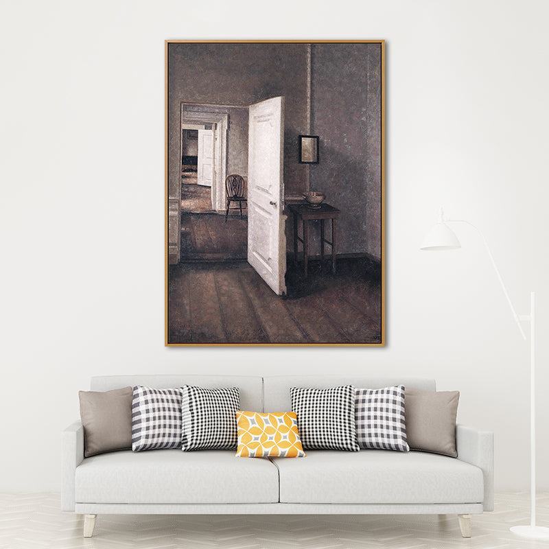 Grey House Interior View Painting Textured Traditional Sitting Room Wall Art