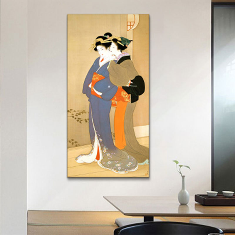 Orange Whispering Woman Wall Art Ukiyoe Asian Textured Canvas Print for Guest Room