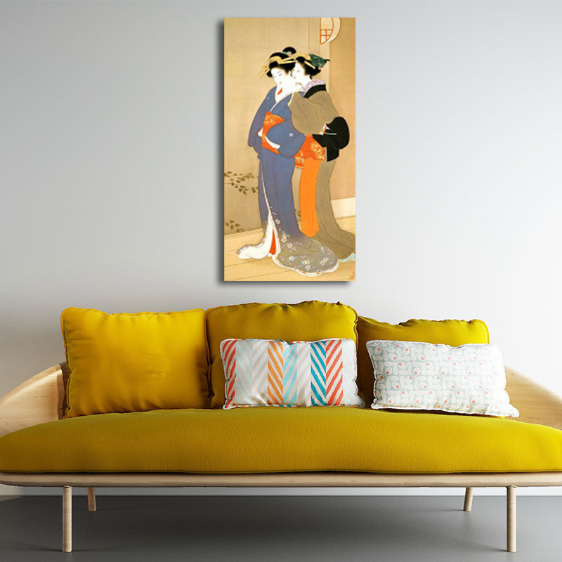 Orange Whispering Woman Wall Art Ukiyoe Asian Textured Canvas Print for Guest Room