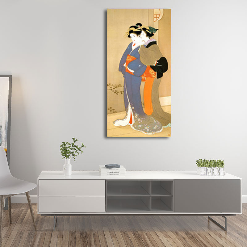 Orange Whispering Woman Wall Art Ukiyoe Asian Textured Canvas Print for Guest Room