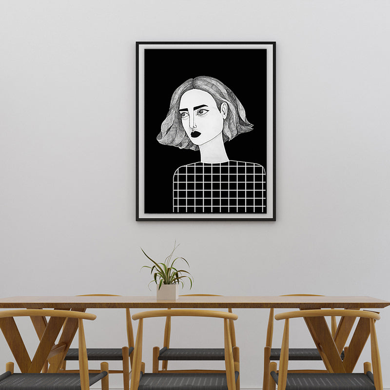 Textured Black Wall Art Decor Scandinavian Illustrations Woman Canvas Print for Living Room