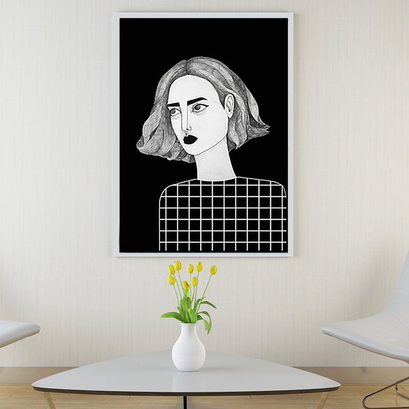 Textured Black Wall Art Decor Scandinavian Illustrations Woman Canvas Print for Living Room