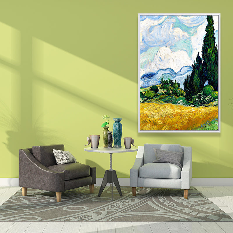 Farmhouse Autumn Wheat Field Painting Green-Yellow Van Gogh Wall Art for Home