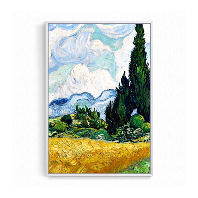 Farmhouse Autumn Wheat Field Painting Green-Yellow Van Gogh Wall Art for Home