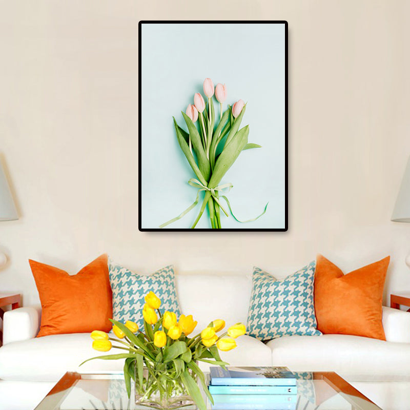 Plant Bouquet Art Print Nordic Canvas Wall Decor in Pastel Color, Textured Surface