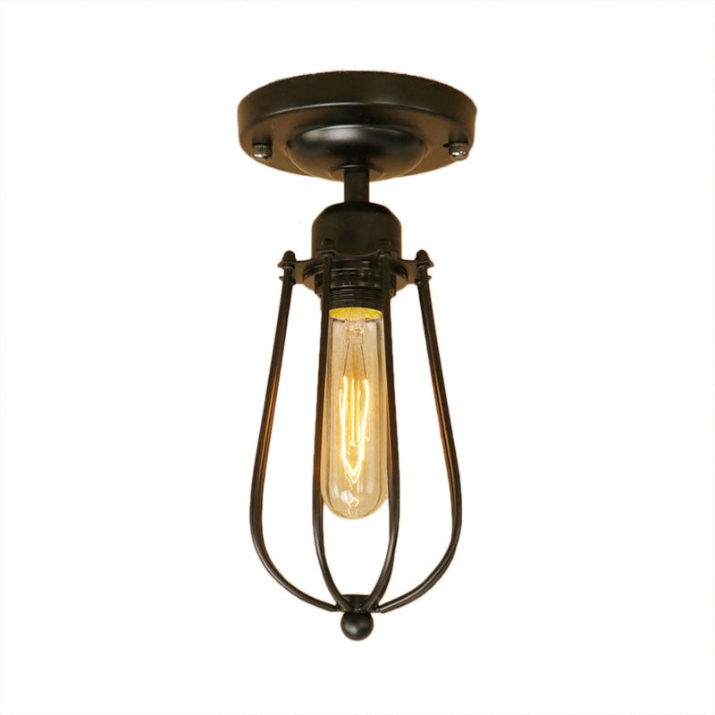 1 Light Mini Cage Semi Flush Light Fixture with Bulb Shaped Industrial Loft Black Metallic Close to Ceiling Light