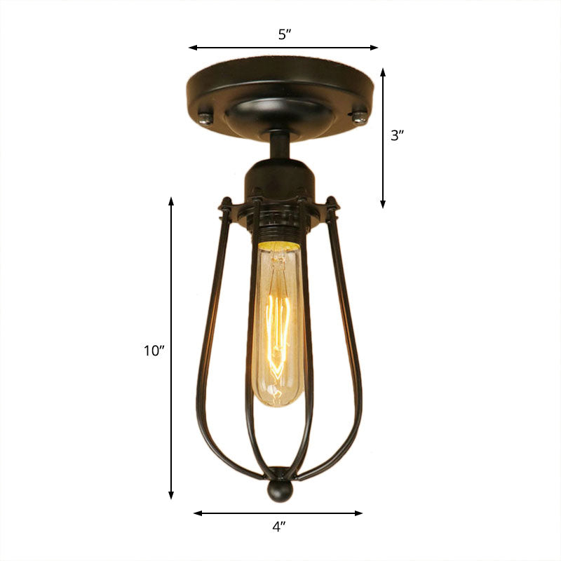 1 Light Mini Cage Semi Flush Light Fixture with Bulb Shaped Industrial Loft Black Metallic Close to Ceiling Light