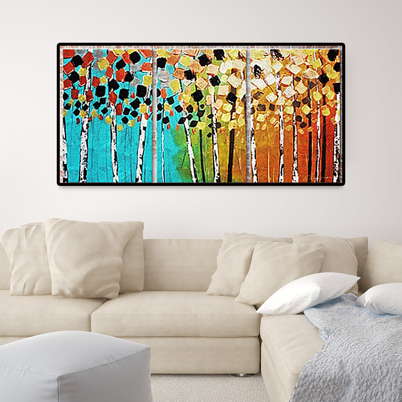 Modern Hand Print Trees Painting Yellow and Blue Scenery Wall Art Decor for Home