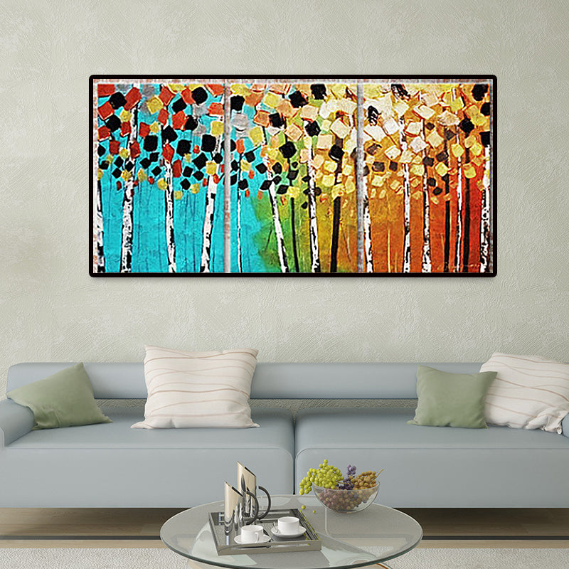 Modern Hand Print Trees Painting Yellow and Blue Scenery Wall Art Decor for Home