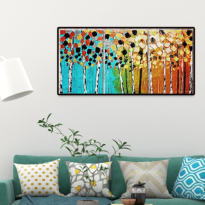 Modern Hand Print Trees Painting Yellow and Blue Scenery Wall Art Decor for Home