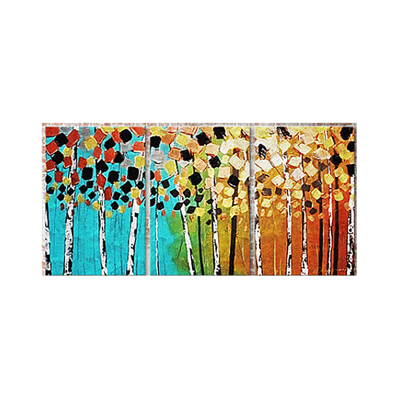 Modern Hand Print Trees Painting Yellow and Blue Scenery Wall Art Decor for Home