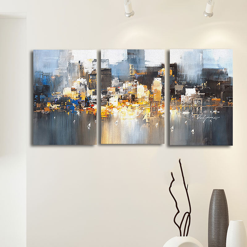 Blue Contemporary Canvas Wall Art City Street View Painting for Bedroom, Textured