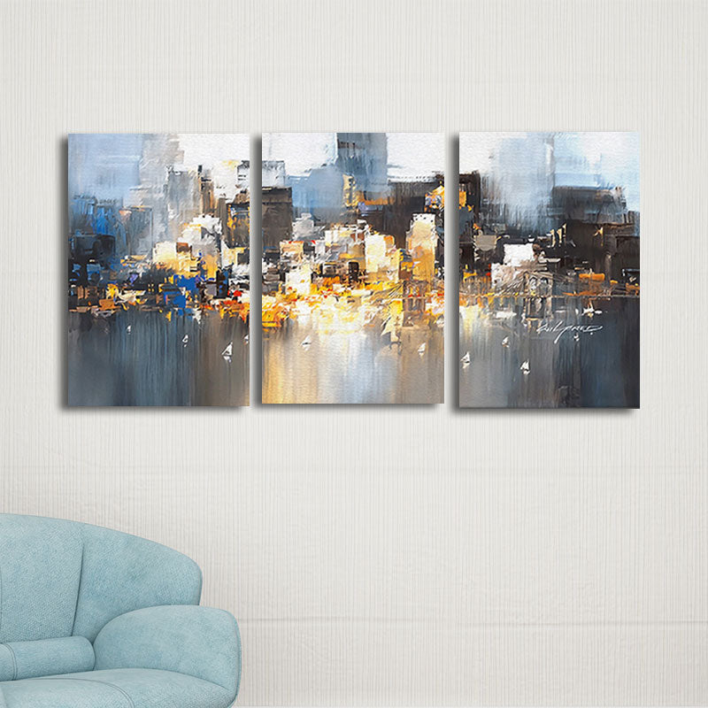 Blue Contemporary Canvas Wall Art City Street View Painting for Bedroom, Textured