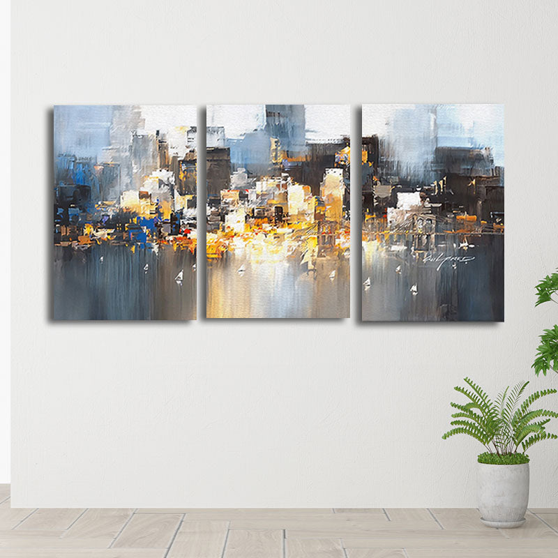 Blue Contemporary Canvas Wall Art City Street View Painting for Bedroom, Textured