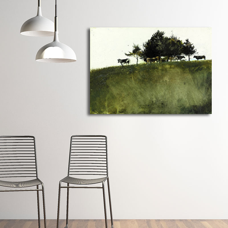 Rust Grassland Scenery Painting Dark Color Textured Wall Art Print for Living Room