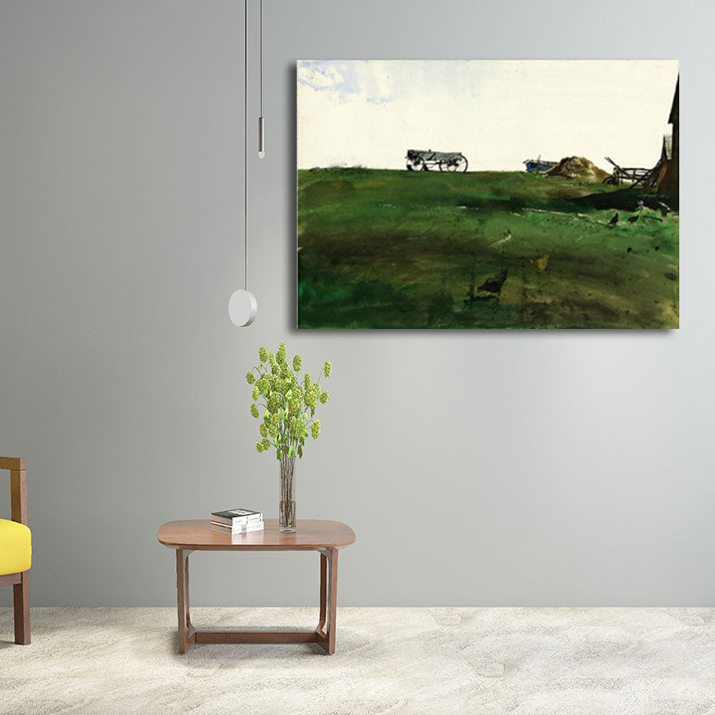 Rust Grassland Scenery Painting Dark Color Textured Wall Art Print for Living Room