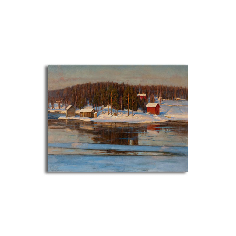 White Farmhouse Art Print Riverside Houses with Snow Melting Scenery Painting for Room