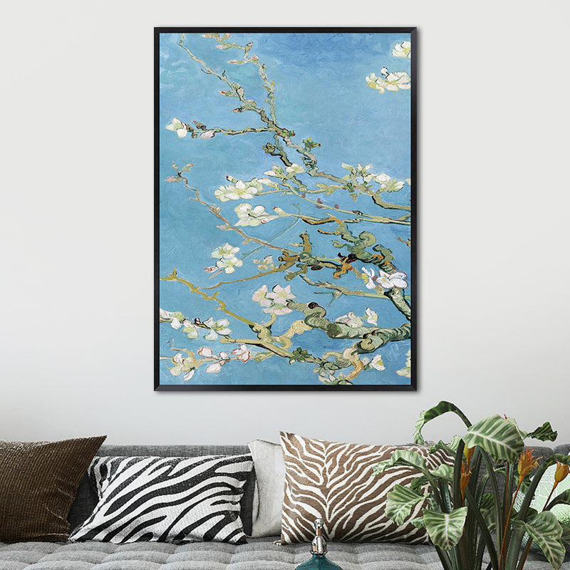 Blossoming Plum Branches Canvas Textured Country Living Room Wall Art Print in Blue