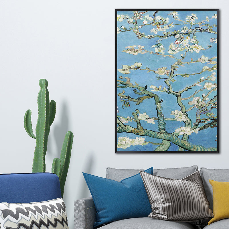 Blossoming Plum Branches Canvas Textured Country Living Room Wall Art Print in Blue