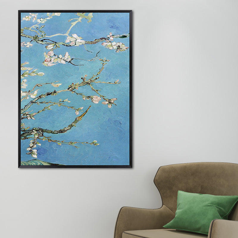 Blossoming Plum Branches Canvas Textured Country Living Room Wall Art Print in Blue