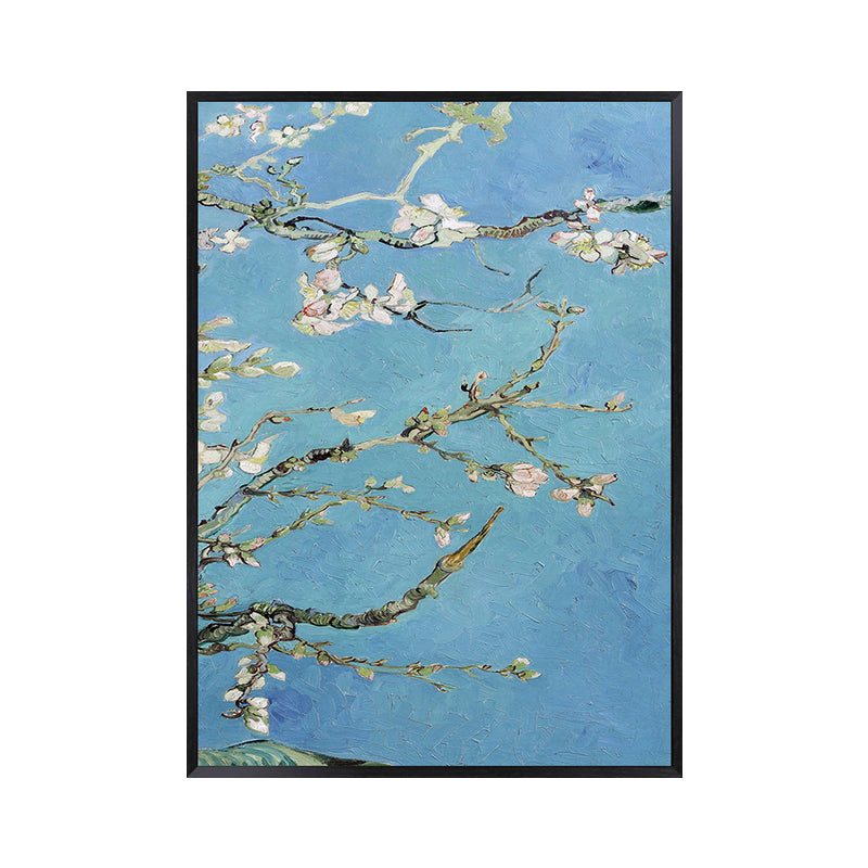 Blossoming Plum Branches Canvas Textured Country Living Room Wall Art Print in Blue