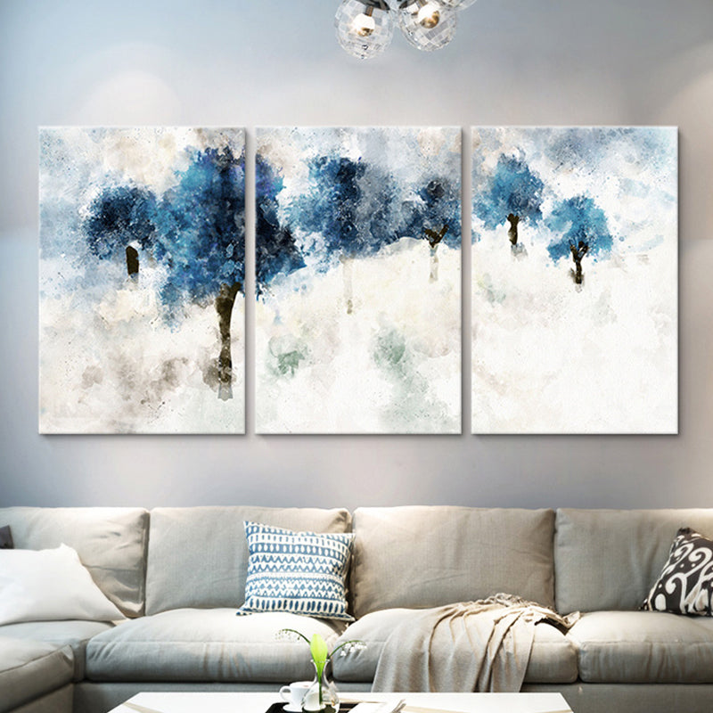 Modern Tree Painting Canvas Print Blue Multi-Piece Wall Art Decor for Family Room