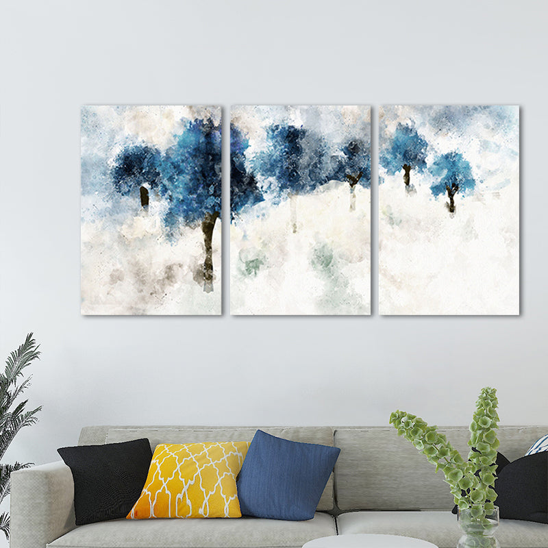 Modern Tree Painting Canvas Print Blue Multi-Piece Wall Art Decor for Family Room