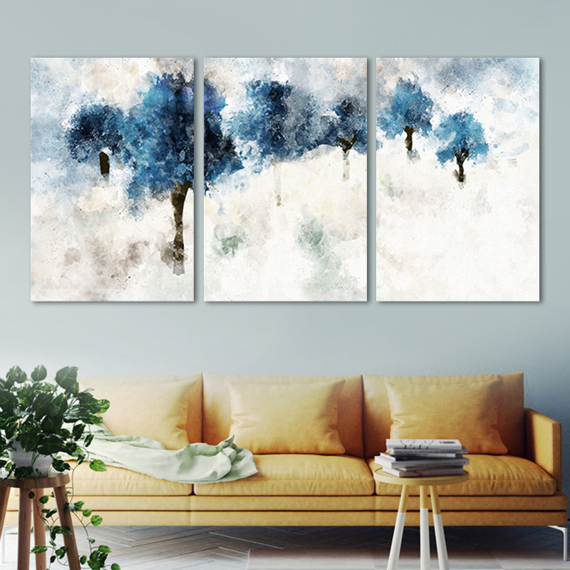 Modern Tree Painting Canvas Print Blue Multi-Piece Wall Art Decor for Family Room