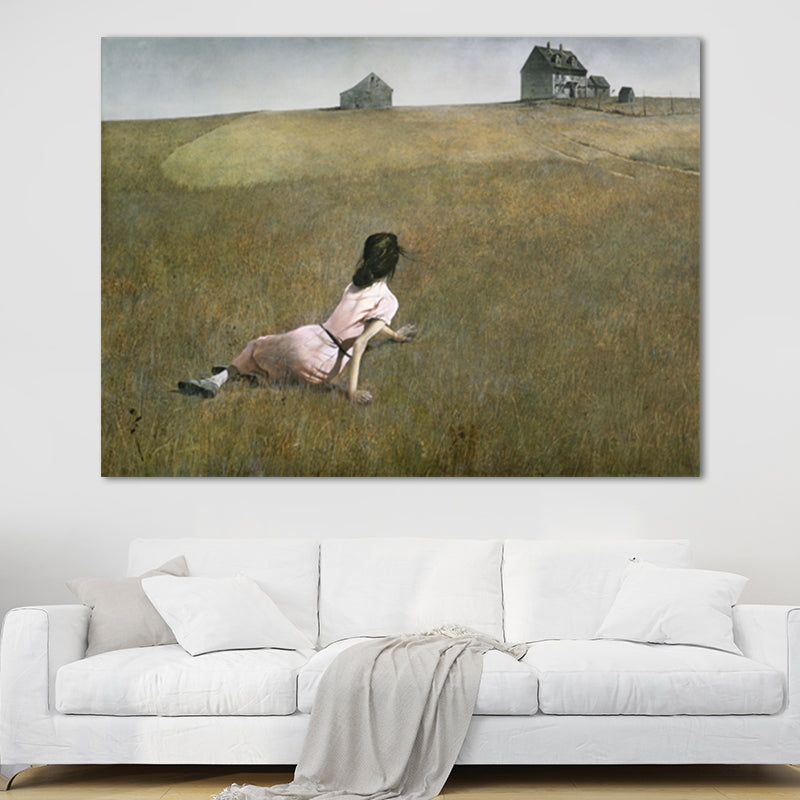 Woman on the Meadow Art Print Farmhouse Canvas Painting in Green for Living Room