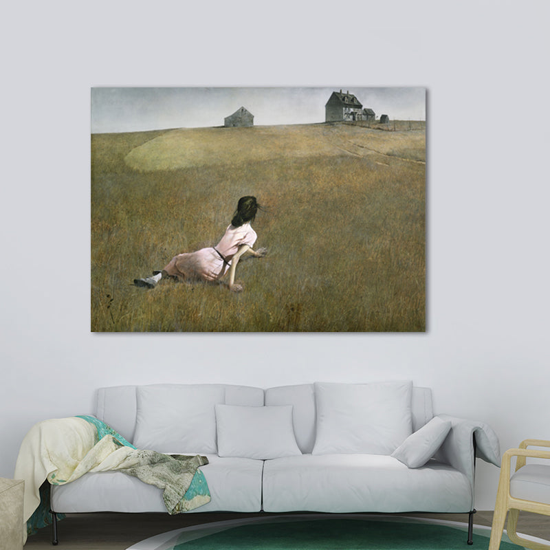 Woman on the Meadow Art Print Farmhouse Canvas Painting in Green for Living Room