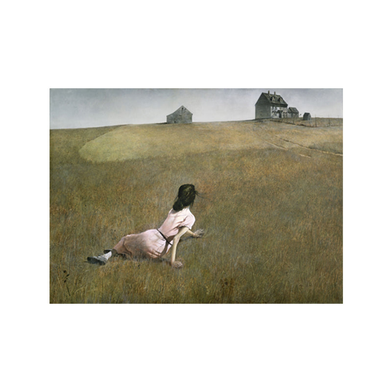 Woman on the Meadow Art Print Farmhouse Canvas Painting in Green for Living Room