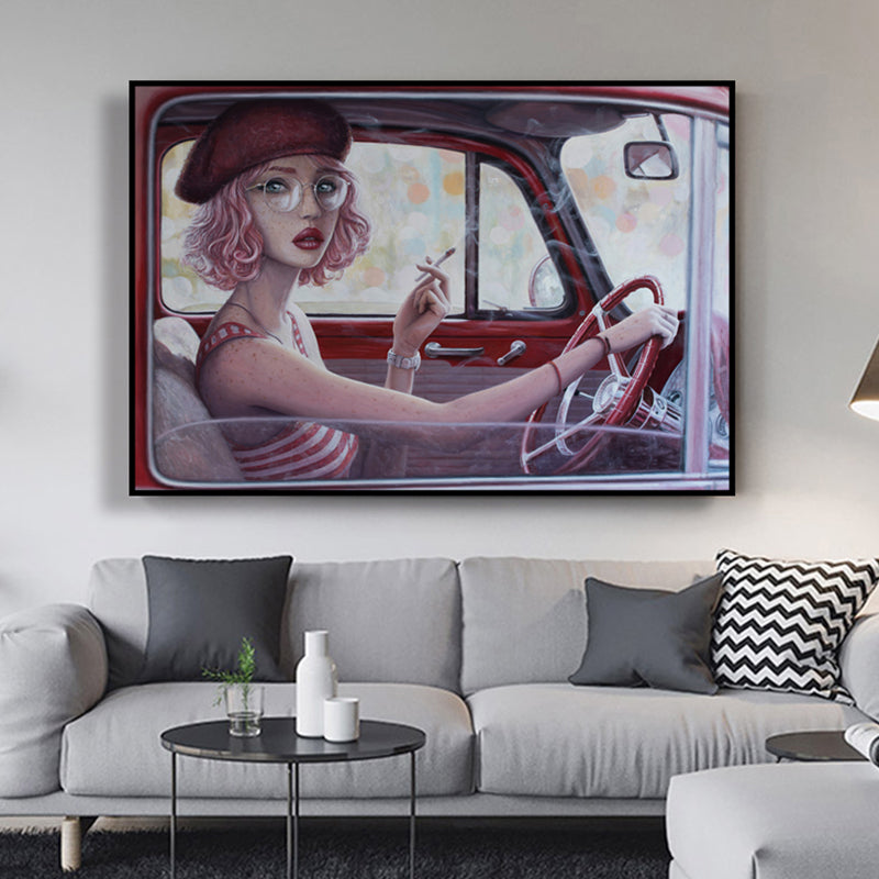 Red Girl Driving Car Painting Textured Surface Traditional Dining Room Wall Art