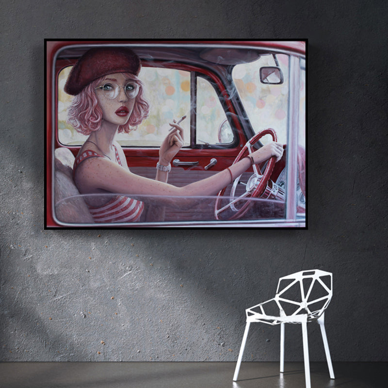 Red Girl Driving Car Painting Textured Surface Traditional Dining Room Wall Art