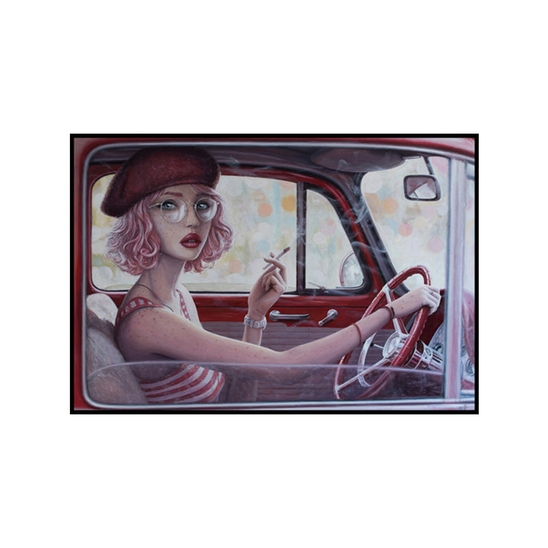 Red Girl Driving Car Painting Textured Surface Traditional Dining Room Wall Art