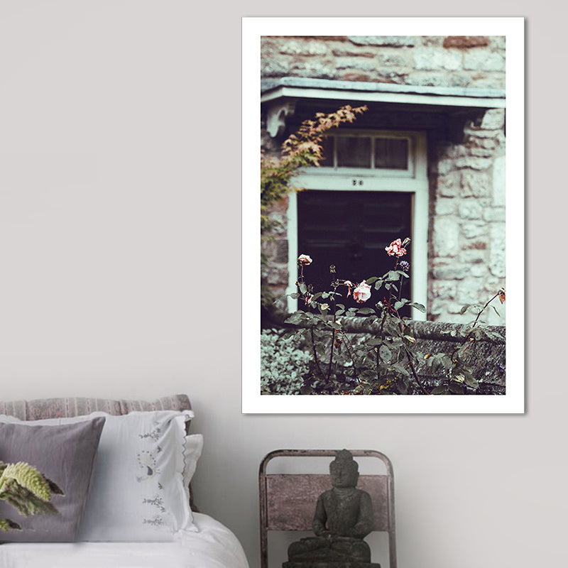 Green Rustic Art Print Photo Flower Blossom in Front of Stone House Wall Decor for Room