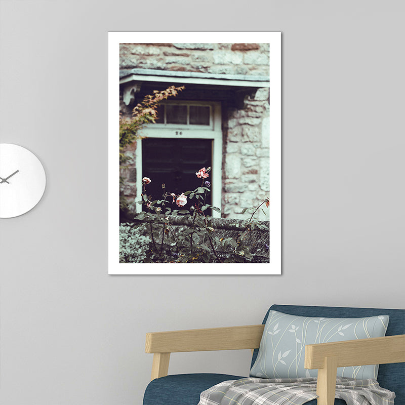 Green Rustic Art Print Photo Flower Blossom in Front of Stone House Wall Decor for Room