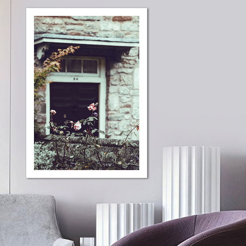 Green Rustic Art Print Photo Flower Blossom in Front of Stone House Wall Decor for Room