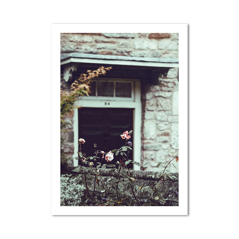 Green Rustic Art Print Photo Flower Blossom in Front of Stone House Wall Decor for Room