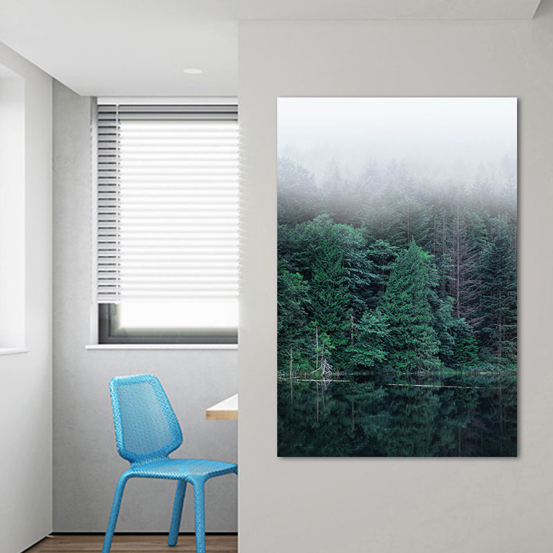 Green Riverside Forest Wall Art Decor Textured Modern Style Living Room Canvas Print