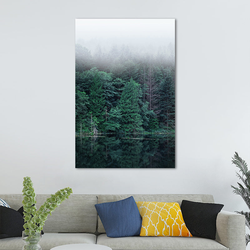 Green Riverside Forest Wall Art Decor Textured Modern Style Living Room Canvas Print