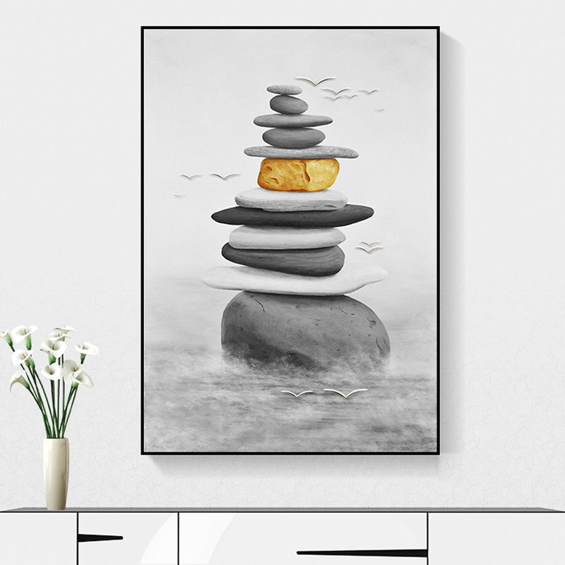 Stacked Cobblestones Canvas Print Asian Style Textured Wall Art in Grey and Yellow