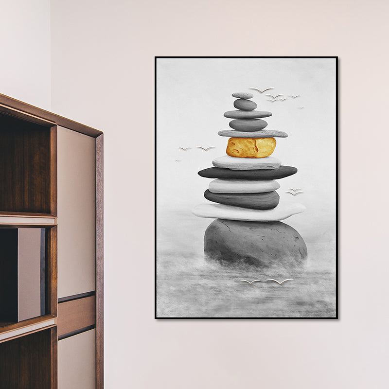 Stacked Cobblestones Canvas Print Asian Style Textured Wall Art in Grey and Yellow