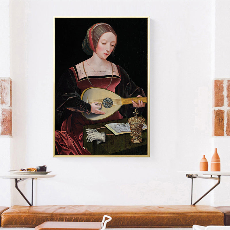 Red Woman Playing Lute Painting Musical Vintage Textured Canvas Art for Living Room