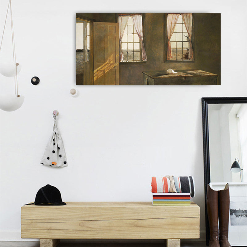 Room with Two Windows Painting Modern Textured House Interior Wall Art Print in Yellow